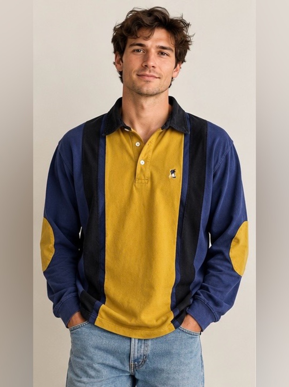 CASAMODA SPORT Vintage Polo Rugby Shirt with Elbow Patch Navy & Mustard